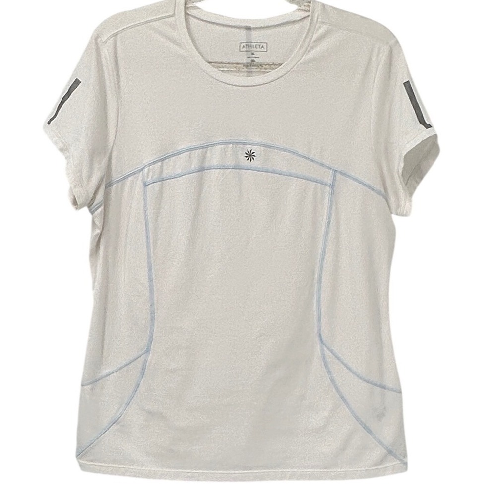 Athleta Womens XL White Short Sleeve Performance Tee Reflective Contrast Stitch